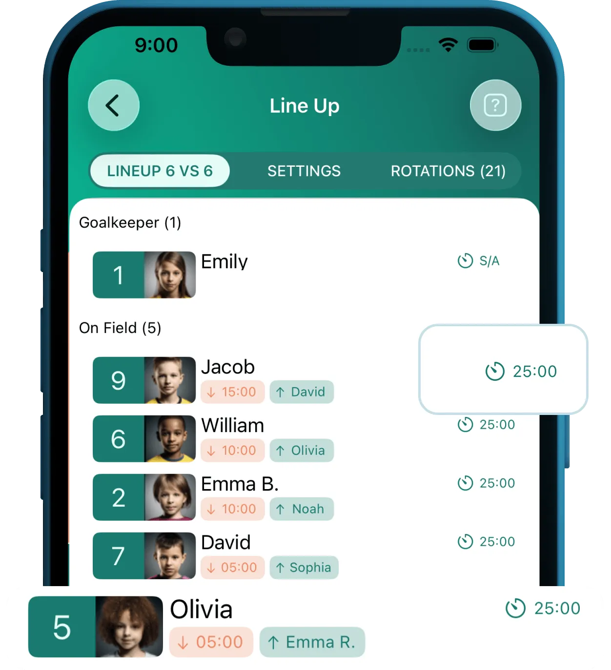 Game time calculator tracking equal playing time for youth soccer substitutions