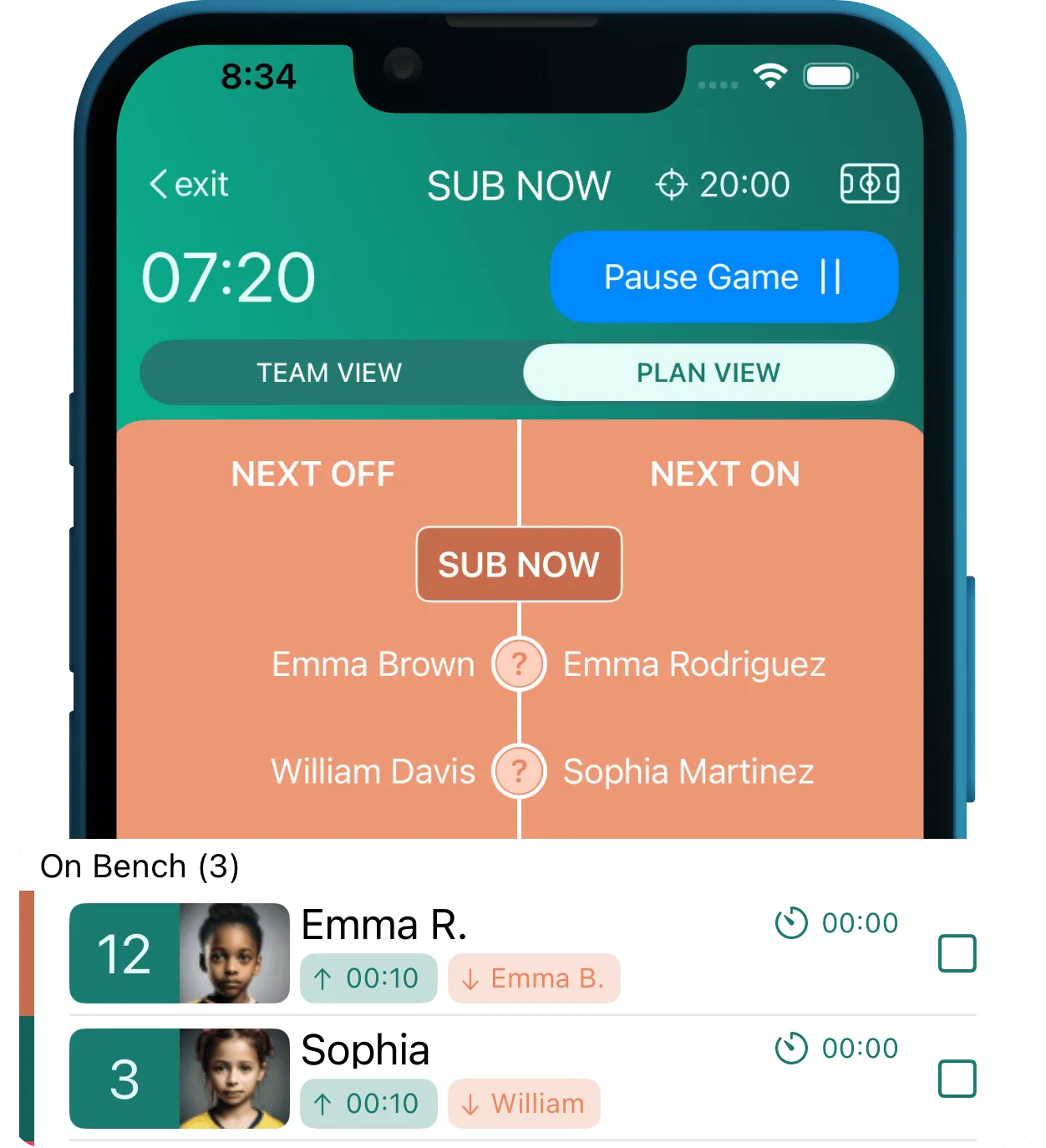 Coach Meister playing time calculator and football subs app showing substitution management on iPhone