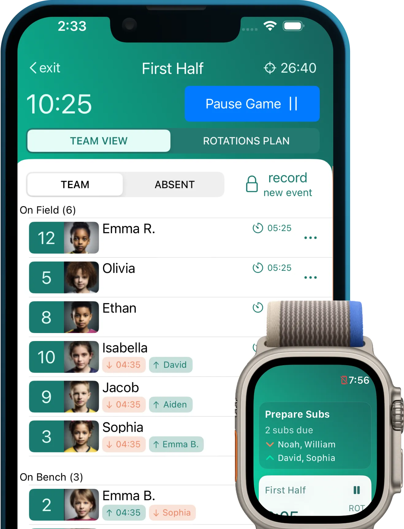 Coach Meister app on iPhone and Apple Watch - the best SubNow alternative for youth soccer coaches managing fair playing time