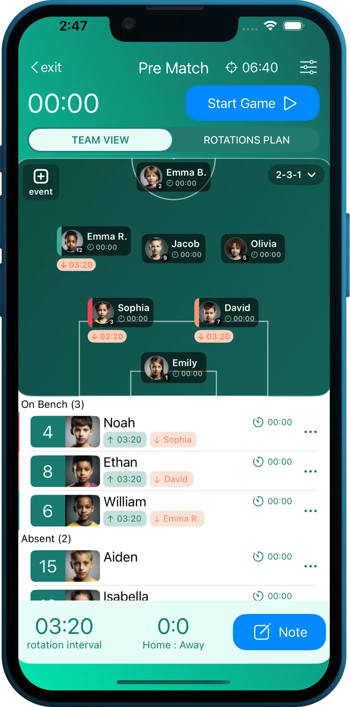 Coach Meister vs SubNow side-by-side - Coach Meister app showing modern substitution timer and player rotation interface