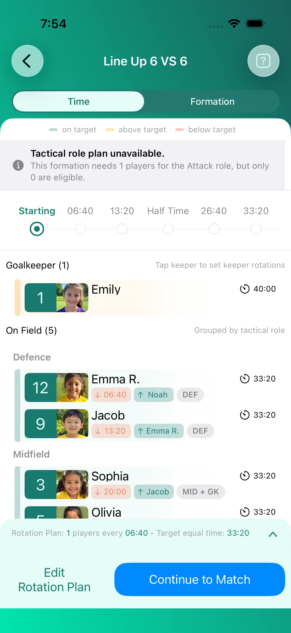 English Time view warning that the formation needs one Attack player but none is eligible.