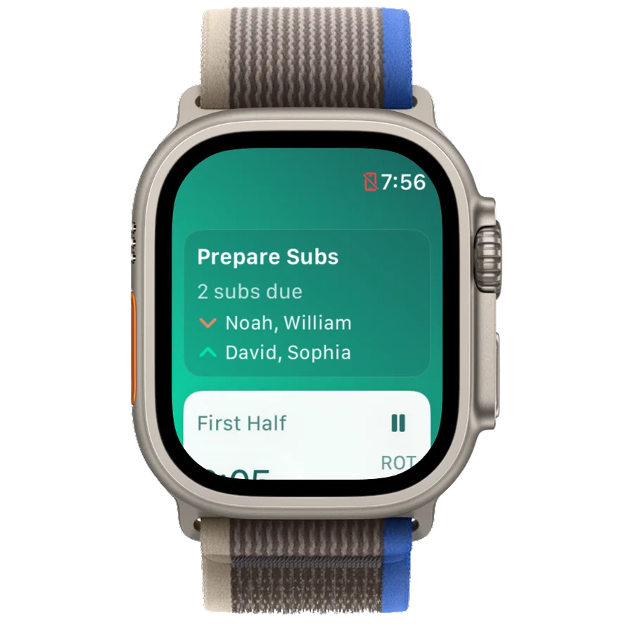 Coach Meister equal playing time calculator on Apple Watch showing Prepare Subs alert before youth soccer substitutions
