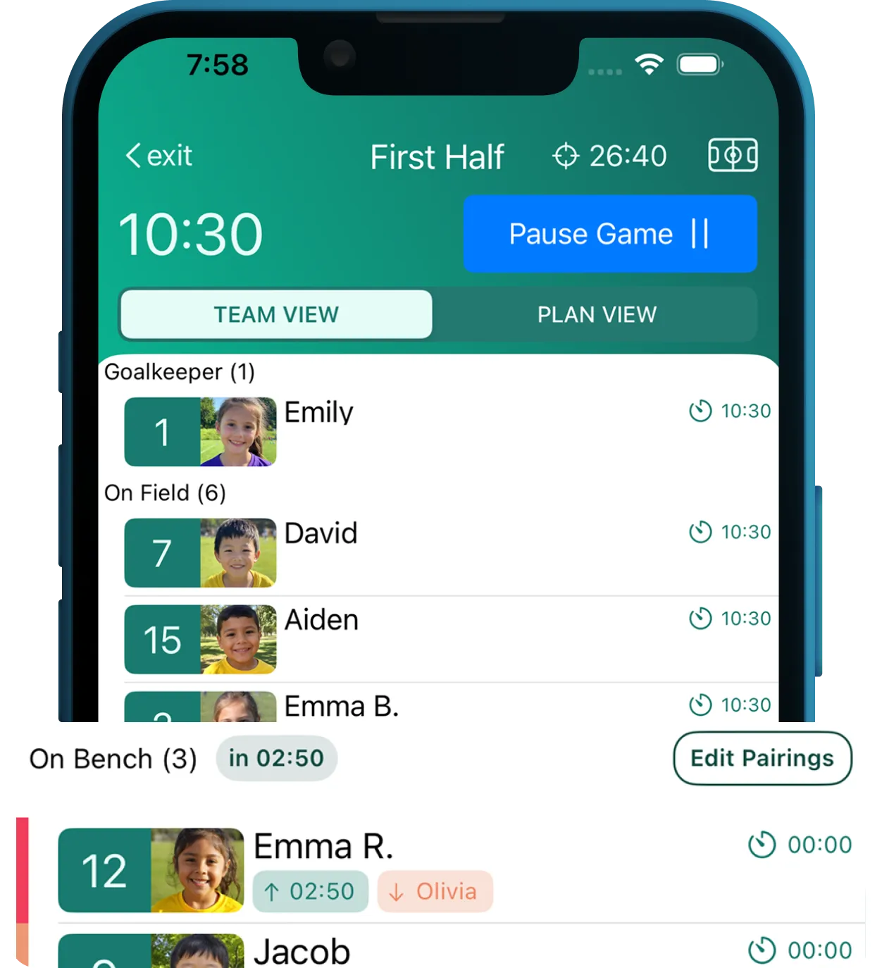 Managing substitutions in soccer - live match screen in Coach Meister subs app
