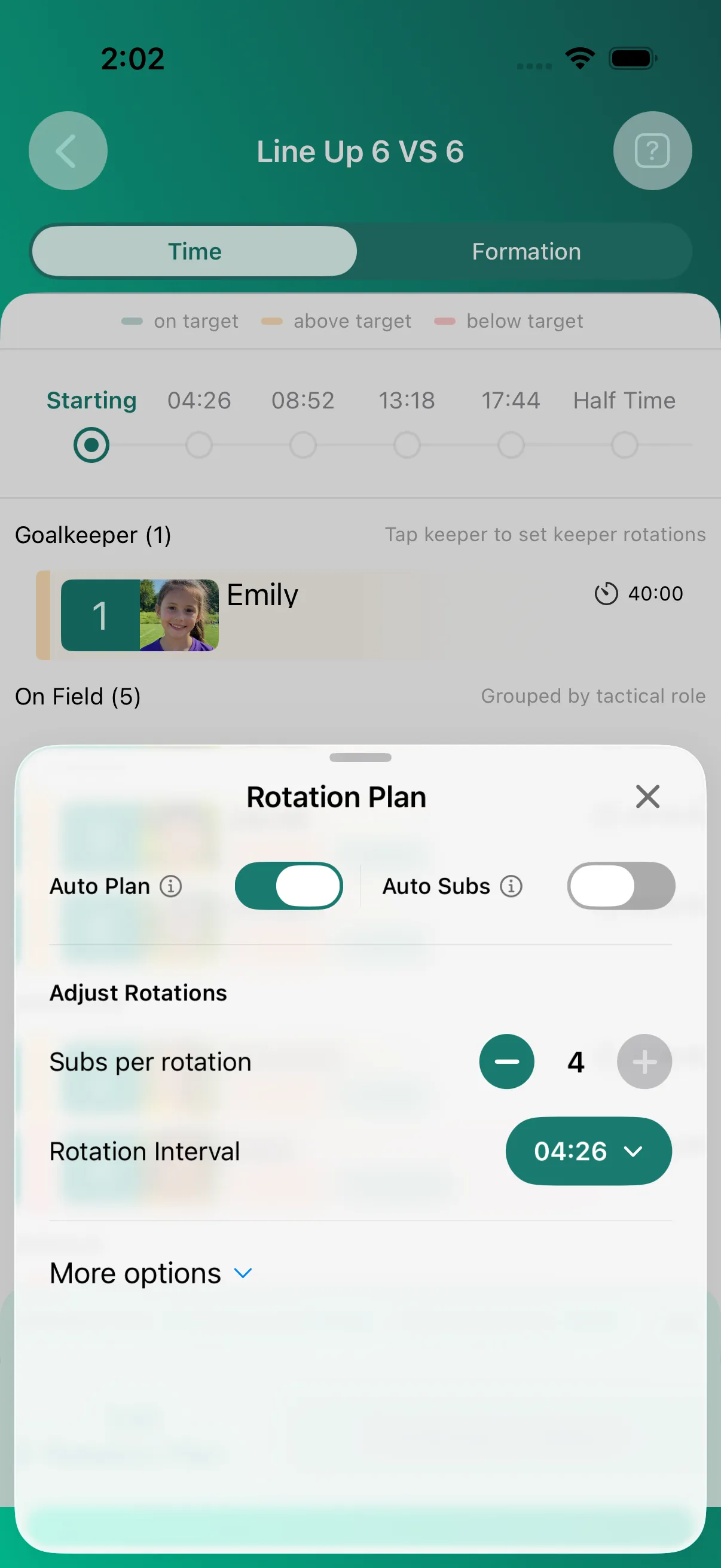 Coach Meister rotation settings showing controls for substitution interval and substitutions per rotation