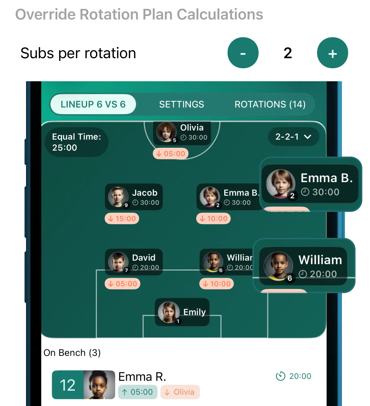 Coach Meister lineup screen showing a generated rotation plan and planned substitution times