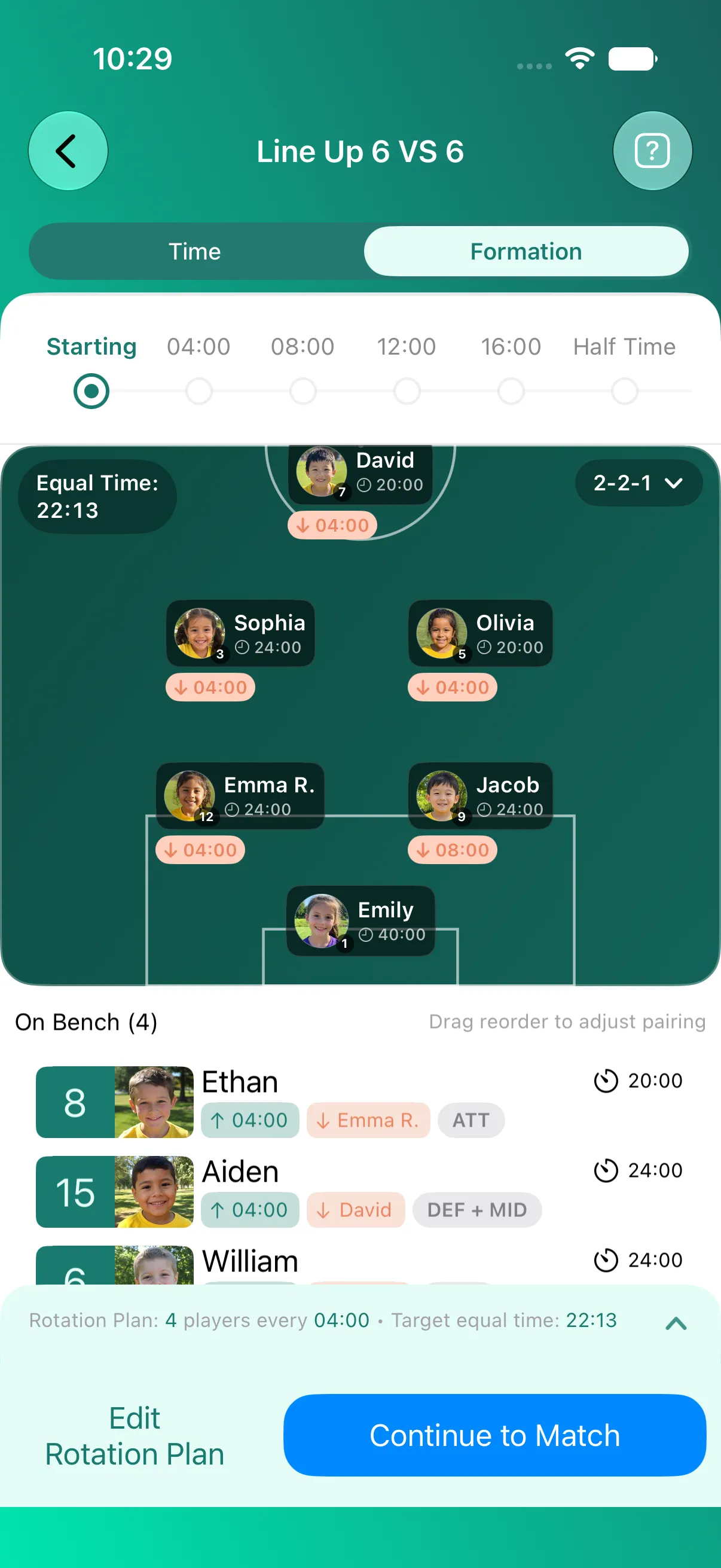 Coach Meister 6v6 formation preview with a goalkeeper, a 2–2–1 outfield shape and role labels beside substitutes