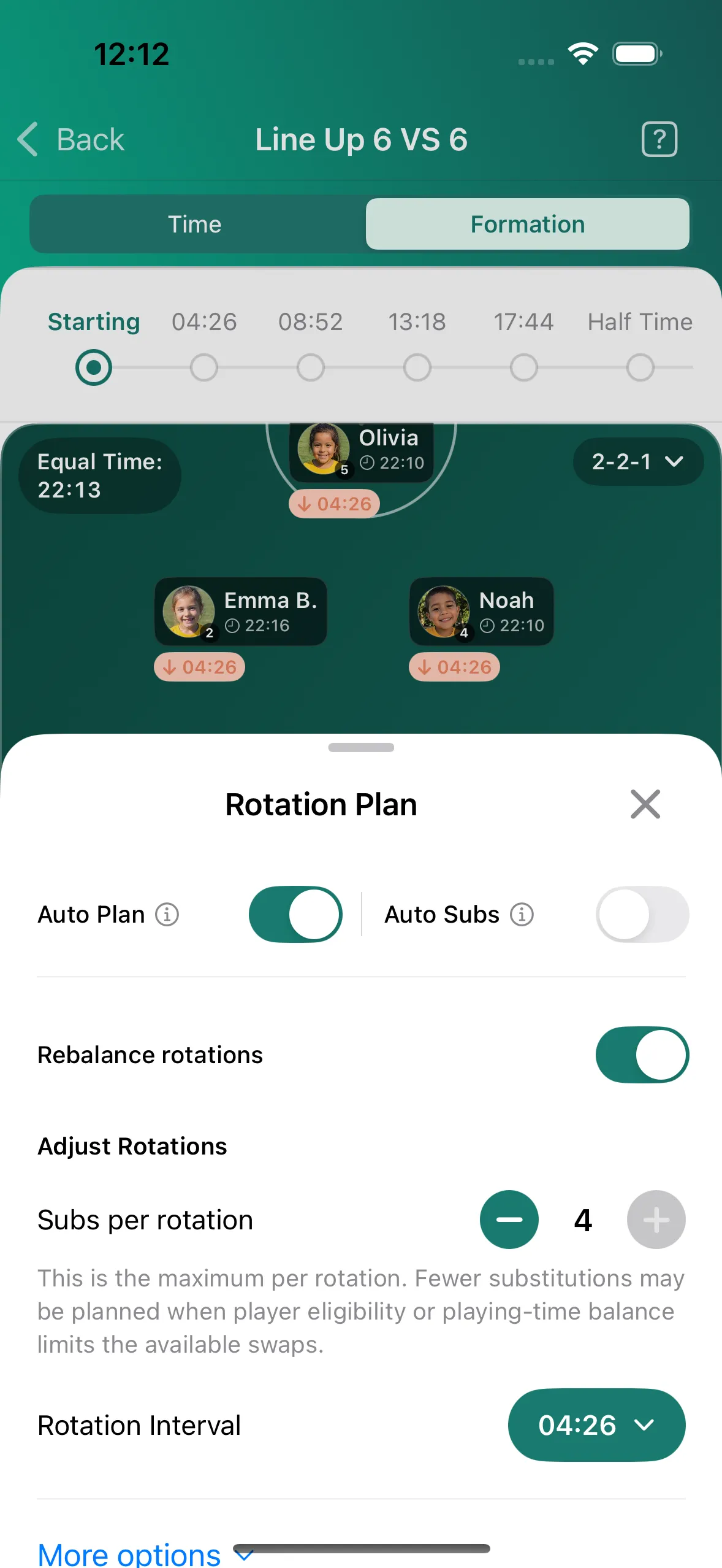 Player rotation app settings to customize substitution intervals for equal game time