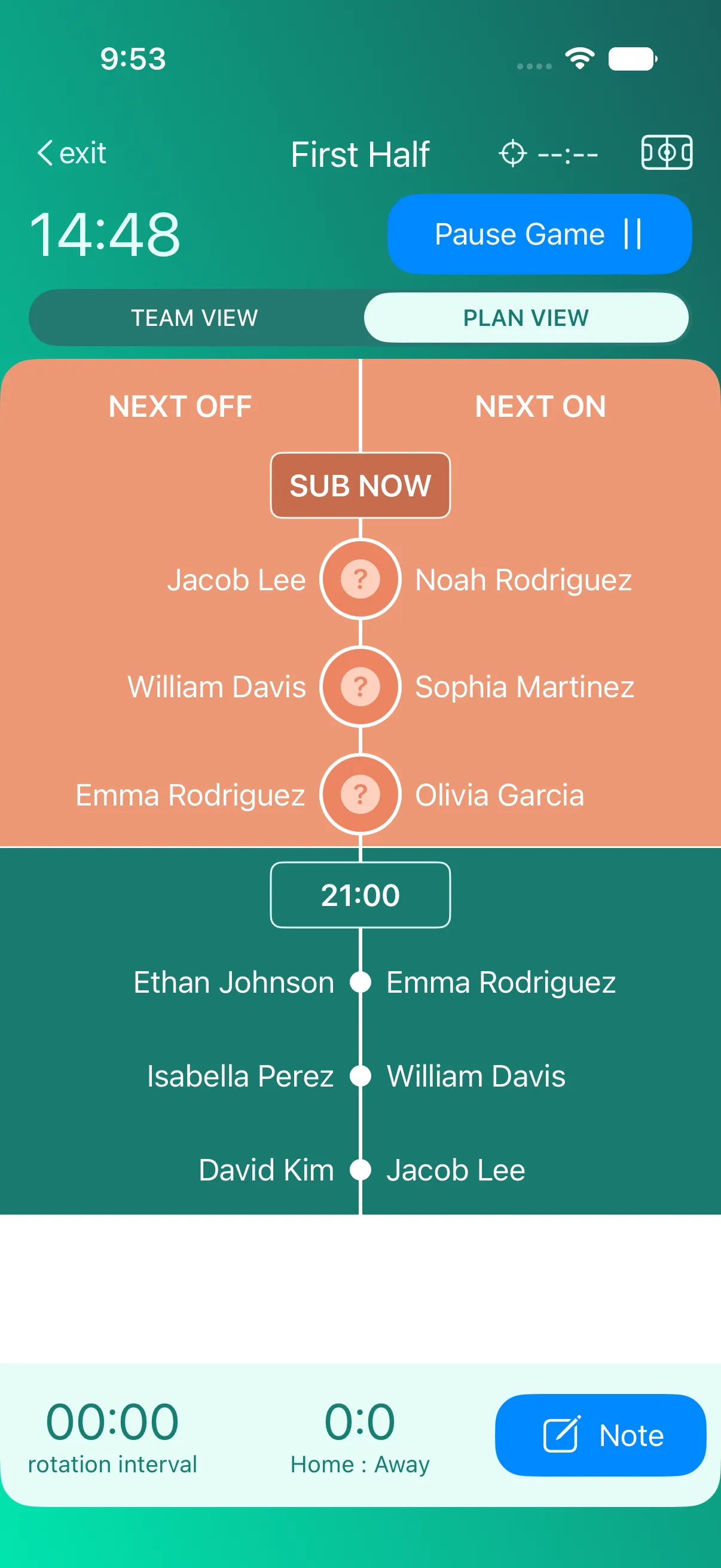 Coach Meister live soccer substitution plan showing the next players off and on