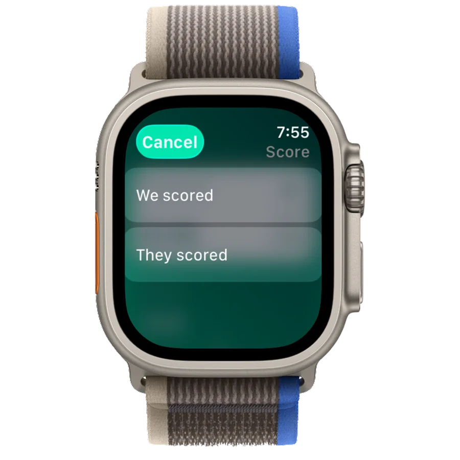 Coach Meister soccer substitution app score dialog on Apple Watch for live match tracking