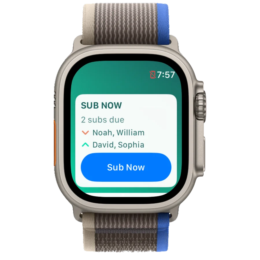 Coach Meister subs app Sub Now substitution alert on Apple Watch during a live soccer match