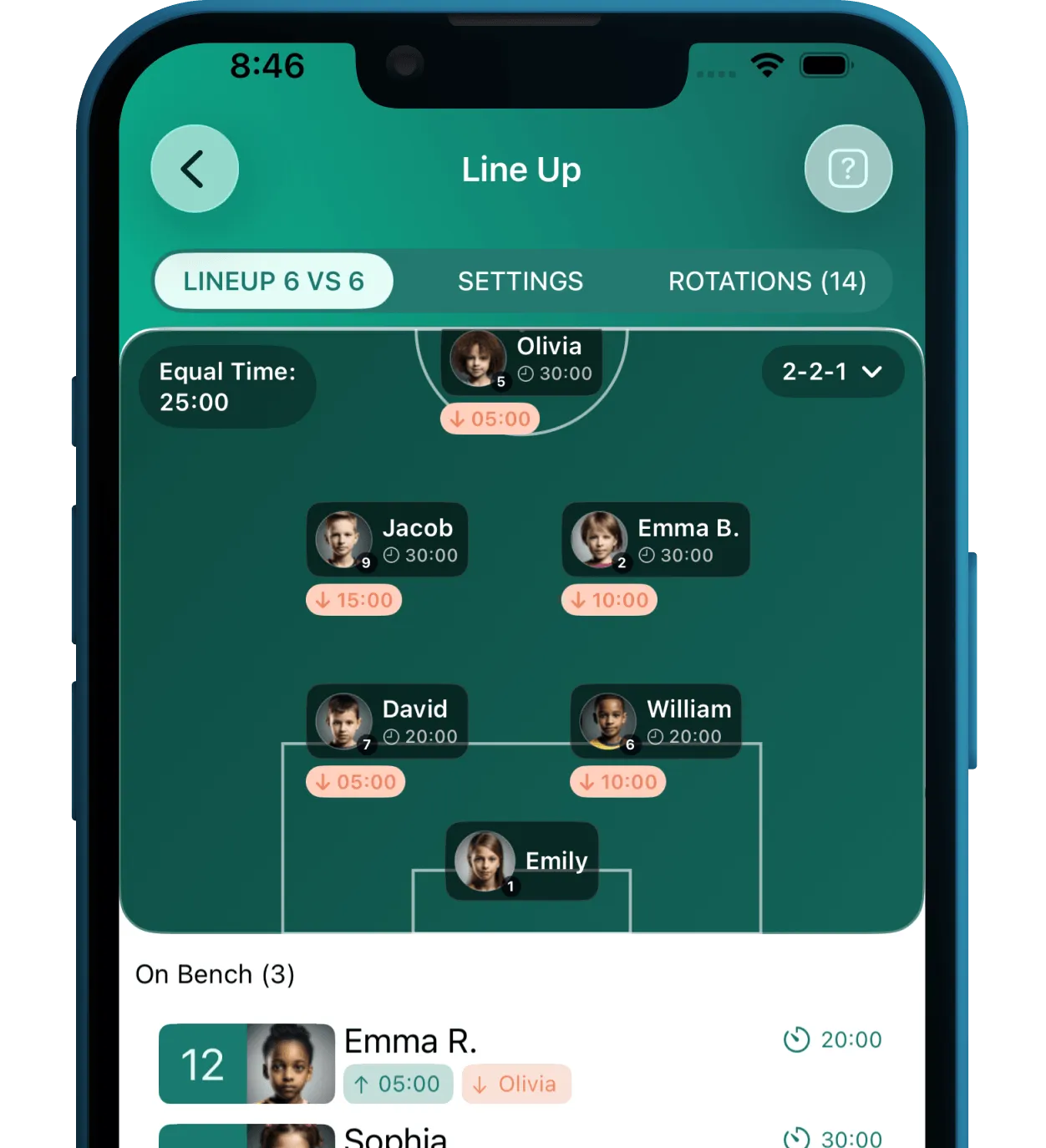 Equal playing time calculator showing fair game time results for every player