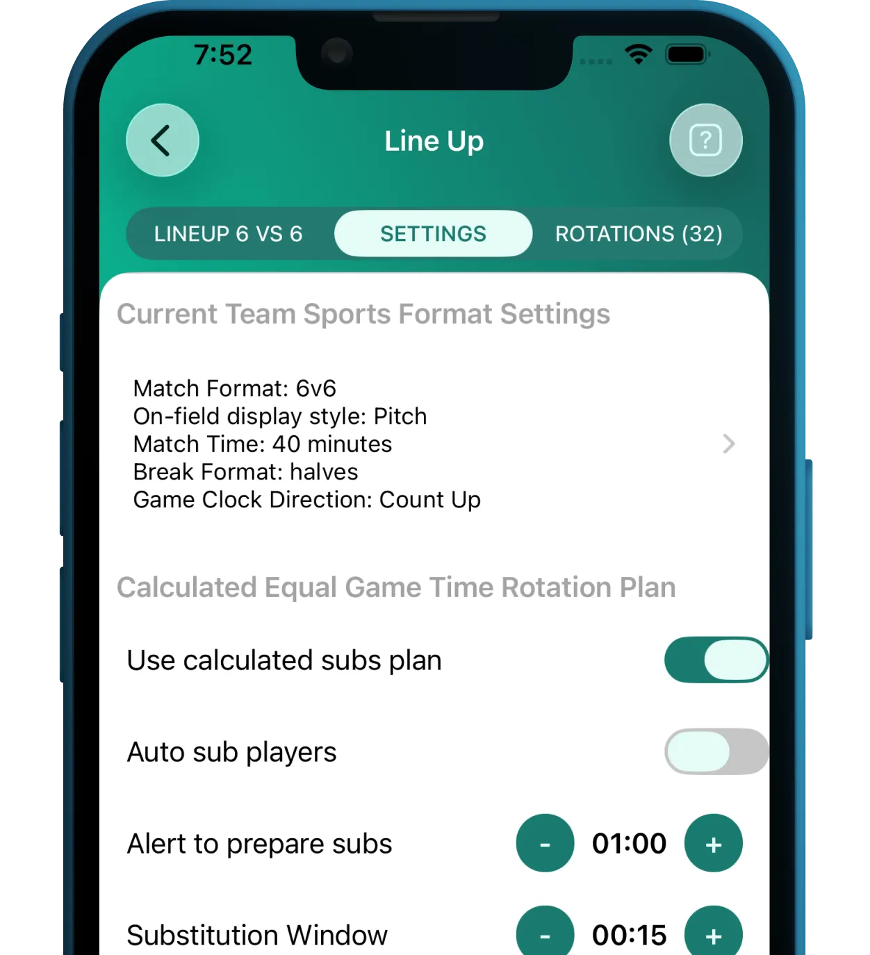 Player rotation app settings to customize substitution intervals for equal game time